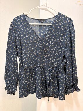 Madewell Navy Blue Floral Wrap Peplum Top